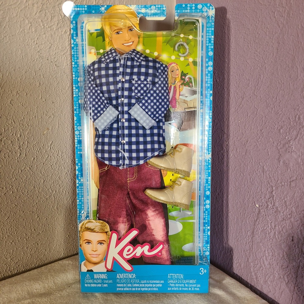 Mattel Ken Fashionistas Outfit Blue Gingham Shirt Maroon Pants Work Boots  X7852